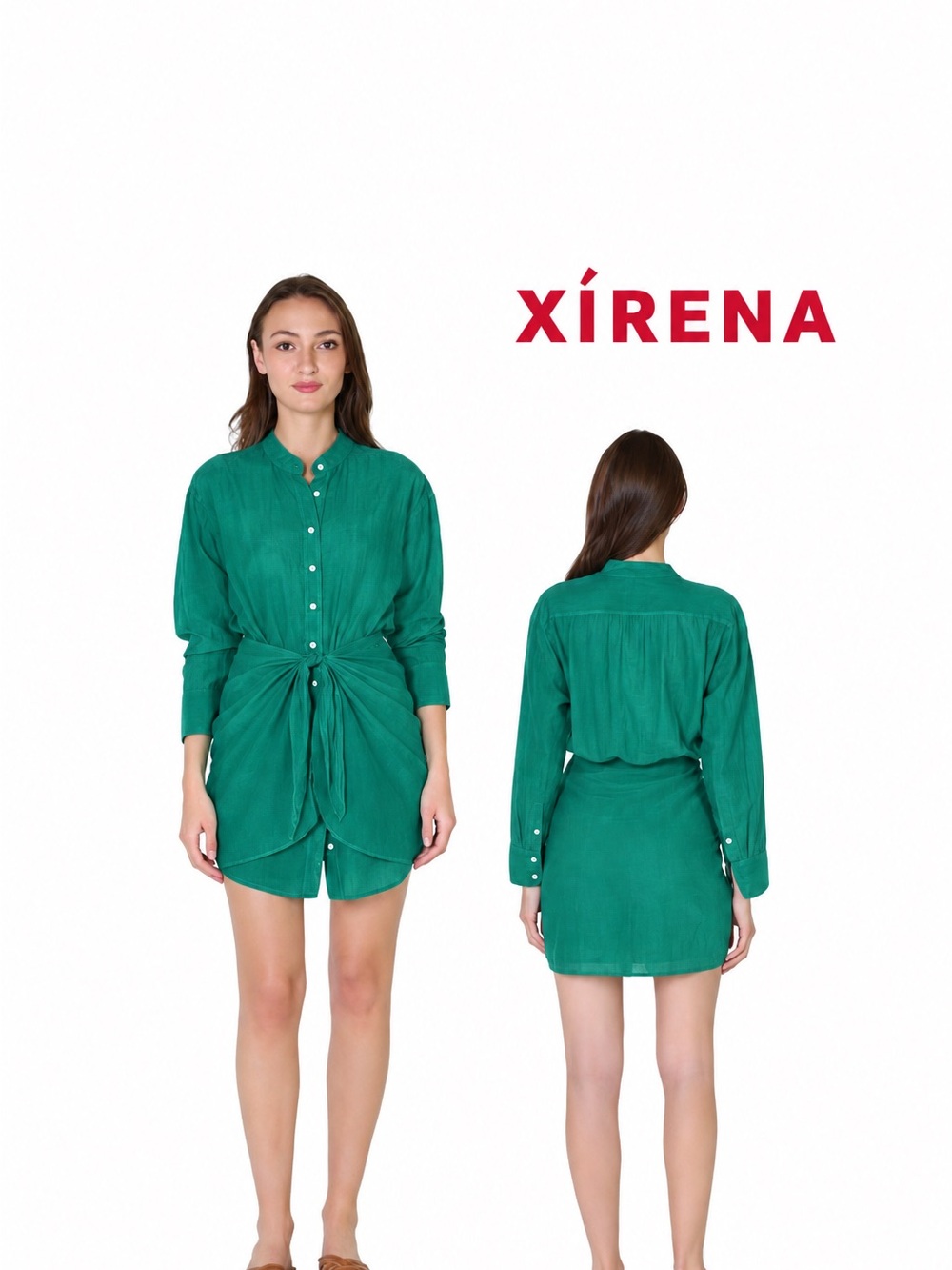 XiRENA Emerald Green Button-Front Twist-Waist Mini Dress
